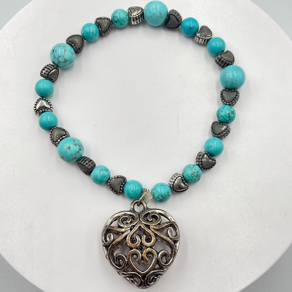 Vintage Faux Turquoise Stone Beaded Stretch Bracelet Silver Tone Filigree Heart
